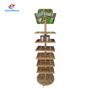 Soporte giratorio de madera para exhibici&oacute;n de tazas de cer&aacute;mica de varios niveles con estantes de rejilla y base rodante - Escaparate minorista