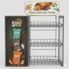 Seitlich h&auml;ngender Snack-Pr&auml;sentationsst&auml;nder mit individuellem Markenlogo. 3-stufiger, seitlich montierter Snack-Pr&auml;sentationsst&auml;nder aus Metalldraht